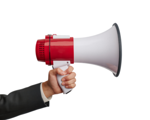 Hand holding a red and white megaphone Isolated on transparent background, png for announcements and communication