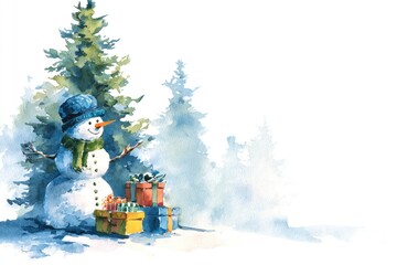 Watercolor New Year's illustration, a New Year's snowman with gifts. AI generative.