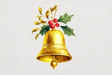 Watercolor New Year's illustration, a golden New Year's bell on a white background. AI generative.