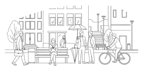Cityscape People Vector Illustration: Outline Urban Scene with Buildings, Characters Walking and Biking, Minimalist Street Design, Architectural Backdrop elements. 