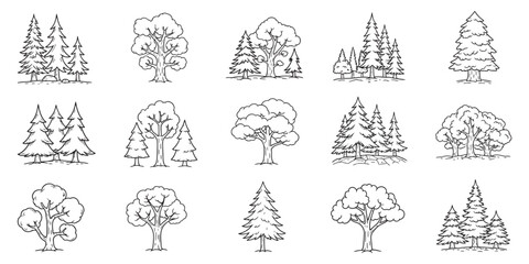 Nature Forest Line Art: Evergreen and Deciduous Tree Sketches, Woodland Outlines, Black and White Botanical Drawings, Rustic Tree Silhouettes, Forest Scenery vectors. 