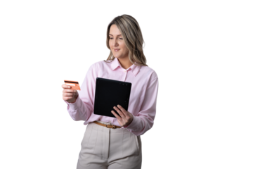 Woman holding credit card and tablet online shopping
