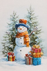Watercolor New Year's illustration, a New Year's snowman with gifts. AI generative.