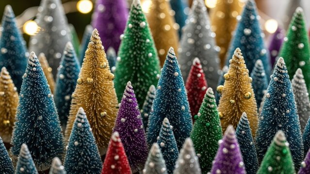 Miniature bottlebrush trees shimmer with festive brilliance, creating a vibrant winter wonderland featuring blue, green, gold, and red hues, softly illuminated by bokeh lights