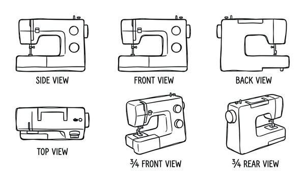 Sewing machine in different perspectives. Detailed outlines of a crafting tool. Viewpoint set for hobby.