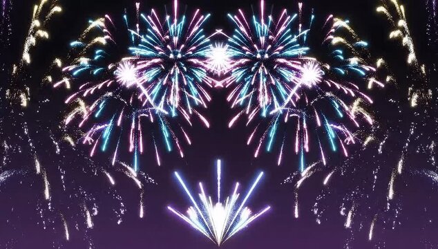 Symmetrical burst of colorful fireworks illuminates the night sky with dazzling light.