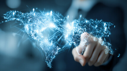 Man touching glowing digital world map with interconnected lines and people icons global network technology