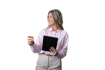 Businesswoman making online payment with credit card and tablet