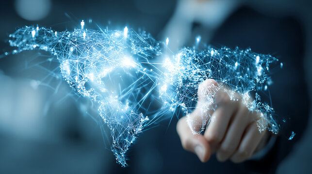 Man touching glowing digital world map with interconnected lines and people icons global network technology - Powered by Adobe