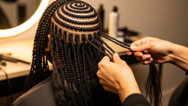 Skilled stylist meticulously creates stunning cornrow braids on dark hair, embracing African cultural beauty and protective styling tradition in a modern salon
