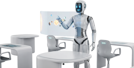 Futuristic robot interacting with a solar system projection in a modern learning environment with sleek white desks and chairs interaction technology education science