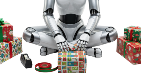 Futuristic robot meticulously wraps Christmas presents with festive paper and ribbon surrounded by gift boxes and wrapping supplies gifts holiday robot hand present wrapping
