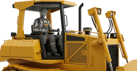 A Humanoid Robot In Work Attire Operates A Yellow Bulldozer Sitting In The Driver'S Seat With Hands On The Controls Set Against A Transparent Background Construction Machinery