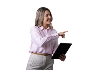 Businesswoman pointing while holding tablet smiling on transparent background 