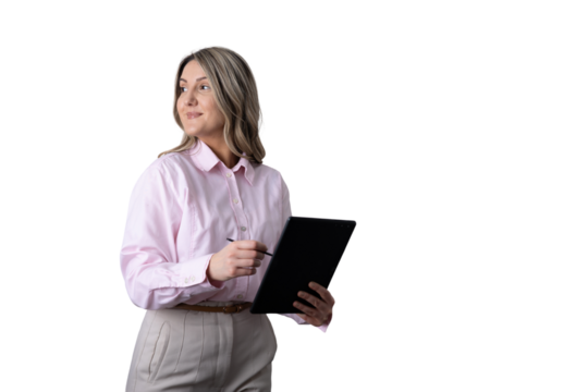 Businesswoman smiling while using digital tablet with stylus - Powered by Adobe