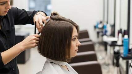 Young woman receives trendy bob haircut from professional hairdresser in bright beauty salon for a stylish transformation