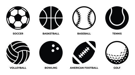 Fototapeta premium Sports ball icons. Soccer, basketball, baseball, tennis, volleyball, bowling, american football, and golf symbols.