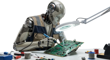 A humanoid robot meticulously soldering a green circuit board illuminated by a magnifying lamp with tools and solder nearby technology electronics repair soldering iron