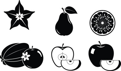 Black and white stylized fruit icons including apple, pear, citrus, plum, melon, and starfruit for design and education use