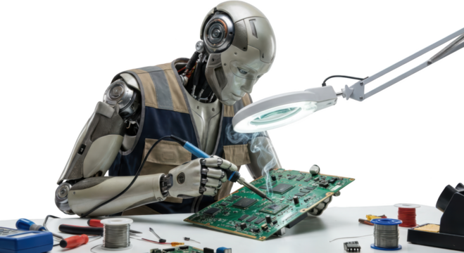 A humanoid robot meticulously soldering a green circuit board illuminated by a magnifying lamp with tools and solder nearby technology electronics repair soldering iron - Powered by Adobe