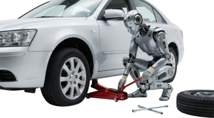 Futuristic humanoid robot changes a flat tire on a silver car using a jack and tire iron with a spare tire nearby car repair artificial intelligence future automotive