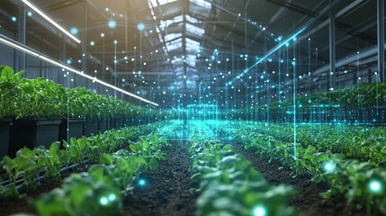 Modern agriculture harnessing technology for efficient crop management in a greenhouse, ensuring a vibrant and sustainable food supply for the future
