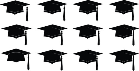 Black graduation caps with tassels in grid layout on white background symbolizing academic success, education milestone, and celebration vector.