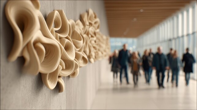 Medium shot featuring a tactile art sculpture embedded with sensors that responds to student movements highlighting interactive creativity in a university setting.