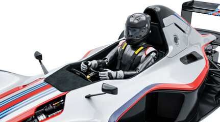Fototapeta premium Formula 1 Race Car Driver In Cockpit Wearing Helmet And Racing Suit White Car With Red White And Blue Stripes Transparent Background High Detail Speed Competition Professional