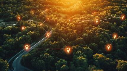 Stunning aerial view of lush forest with glowing location pins marking a connected network, perfect for showcasing logistics and connectivity solutions