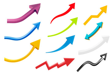 A set of different 3D winding  multi-colored arrows isolated on a transparent background