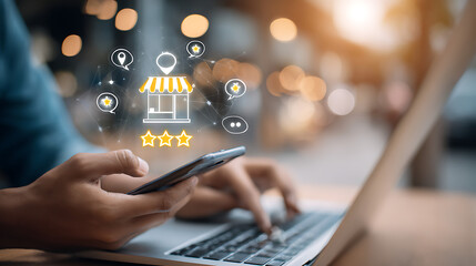 Person hands holding smartphone interacting with digital business review icons and laptop image