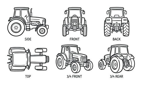 Tractor outline drawing set. Agricultural vehicle from different perspectives. Farm machine illustration.