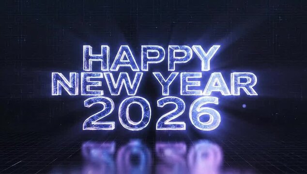 Bright glowing text "Happy New Year 2026" emanates light and reflections for a festive celebration.