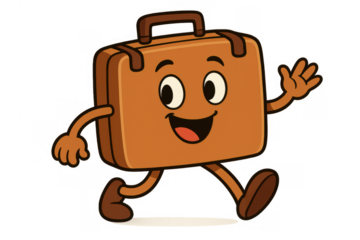 Brown cartoon suitcase mascot character walking, smiling, and waving, ready for travel or vacation, transparent background