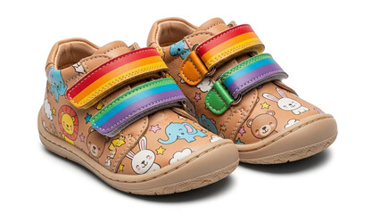 Adorable toddler shoes featuring rainbow straps and cute animal drawings, perfect for playful adventures and stylish little feet, a childhood essential