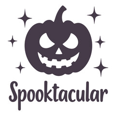 Illustration of a jack o lantern with stars and the word spooktacular below it in a stylized font