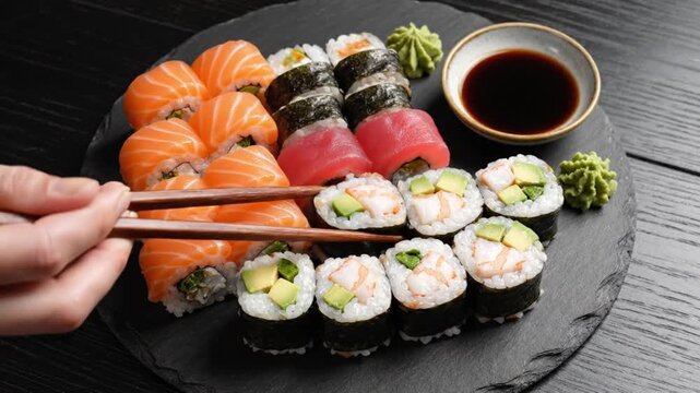 Sushi Platter: A tempting assortment of sushi rolls and sashimi, beautifully presented on a black stone platter, inviting a taste of Japanese culinary art.