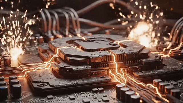 Intense energy flowing through advanced microchip with glowing circuits and sparks