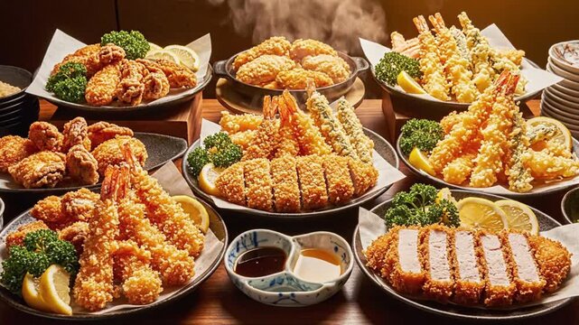 Feast of Fried Delights: A culinary tableau showcasing a mouthwatering assortment of fried foods, each plate a symphony of textures and flavors. Crispy, golden, and utterly irresistible.
