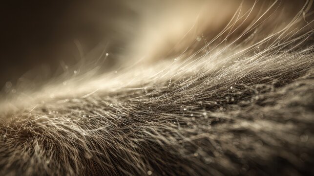 Soft-lit macro photograph highlighting individual cat hairs