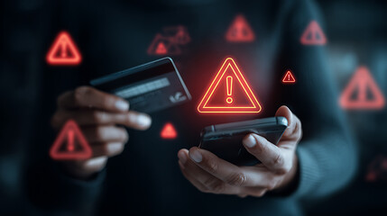 Person holding credit card and phone with warning symbols hands alert