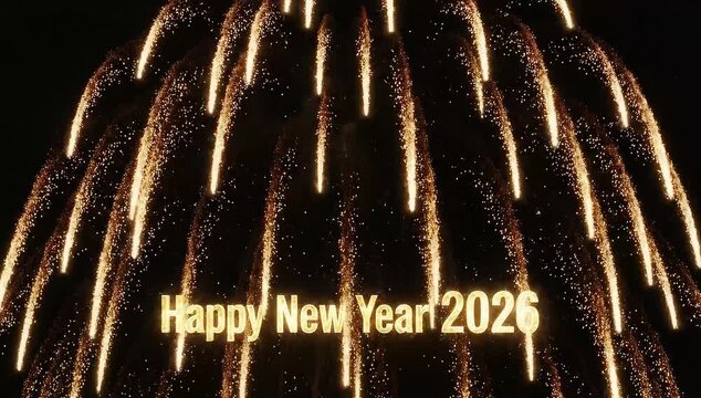 Spectacular golden fireworks illuminate the night sky for a joyous New Year celebration.