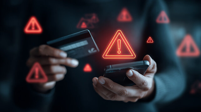 Person holding credit card and phone with warning symbols hands alert
