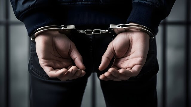 Arrest and Detention Concept: Man in Handcuffs Behind Bars