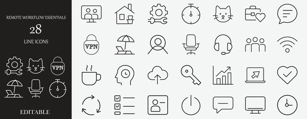 Remote Workflow Outline Icon Set. Containing VPN, home office, productivity, and collaboration symbols. Editable vector icon for HR app and management platforms