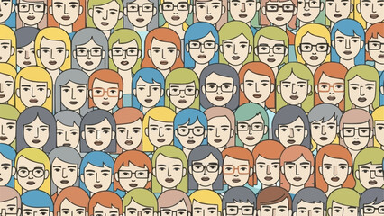 Diverse Crowd of People with Varied Hairstyles and Glasses.