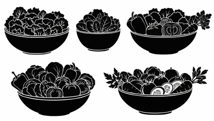 Collection of five bowls filled with various fresh vegetables and leafy greens, silhouetted against a white background.
