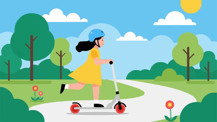 Young girl in yellow dress riding a scooter.