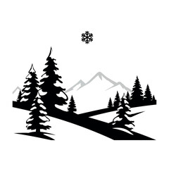 Winter forest landscape with snowcapped mountains and a snowflake.